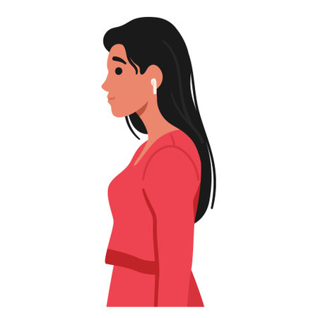 Young Woman Character in Red Dress, With Sleek Black Hair Stands In Profile, Her Earbuds In, Cartoon Vector Illustrationのイラスト素材