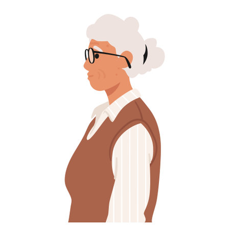Elegant Senior Woman Stands Gracefully In Profile, Silver Hair Framing Her Face, Exuding Wisdom And Poiseのイラスト素材