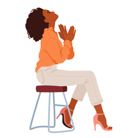 Black Woman Sits Gracefully In A Chair, Her Palms Clapping Together In Appreciation, A Warm Smile On Her Faceのイラスト素材