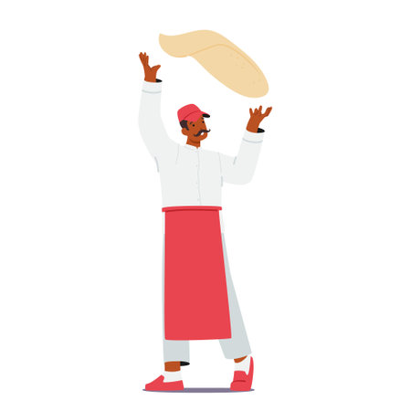 Masterful Chef Character Twirls Pizza Dough With Finesse, Creating A Culinary Spectacle. Flour Dances In The Airのイラスト素材