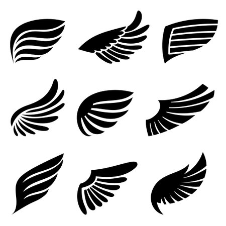 Striking Set Of Black Wings Icons, Perfect For Adding A Touch Of Elegance And Mystique To Design Projects. Tattoo, Signsのイラスト素材