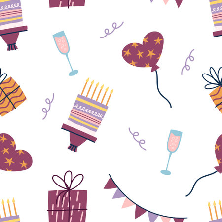 Seamless Pattern With Birthday Cakes With Burning Candles, Balloons, Gifts, Champagne, Garlands. Party Food And Decorのイラスト素材