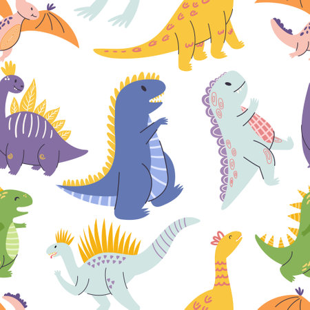 Seamless Pattern Featuring Adorable Cartoon Dinosaurs In Vibrant Colors, Perfect For Adding Playful Charmのイラスト素材