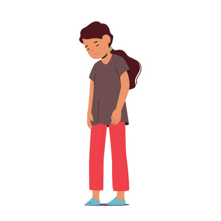 Girl Stands With Downcast Eyes. Child Avoiding Eye Contact, Autism Symptom. Little Character Find It Challengingのイラスト素材
