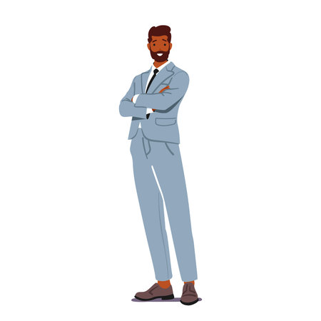 Confident Businessman Character Stands Tall, Arms Folded, Exuding Authority And Determination, Vector Illustrationのイラスト素材