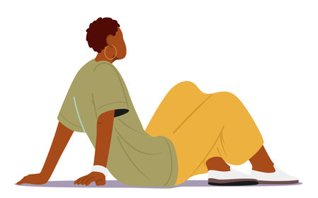 Black Woman Character Gracefully Sits On The Floor, Her Posture Relaxed Yet Confident. With Poise, She Gazes Aheadのイラスト素材