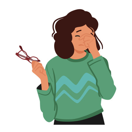 Woman In Casual Attire Holds Glasses In One Hand While Rubbing Her Tired Eyes With The Other, Portraying Fatigueのイラスト素材