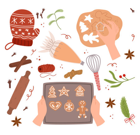 Cozy Kitchen Scene of Cookies Cooking Process. Hands Holding Tray with Gingerbread Bakery, Knitted Mittenのイラスト素材