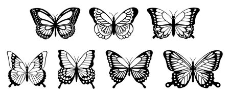 Captivating Set Of Graceful Black Butterfly Silhouettes, Each Intricately Detailed, Fluttering Against White Backgroundのイラスト素材