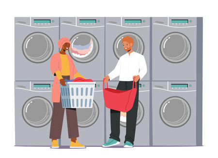 People in Public Launderette Fold Clothes, Share Stories, And Exchange Smiles, Creating A Vibrant Tapestry Of Communityのイラスト素材