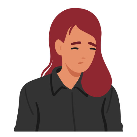 Woman With Melancholic Expression, Eyes Downcast And A Subtle Frown Conveying Profound Sadness, Vector Illustrationのイラスト素材