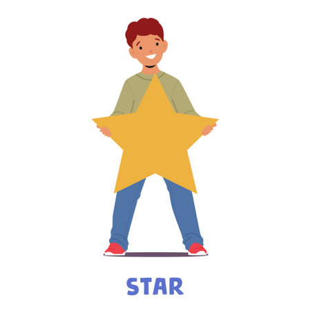 Young Learner Holds A Star Shape, Little Boy Character Embracing The Concept Of Geometry With Curiosityのイラスト素材