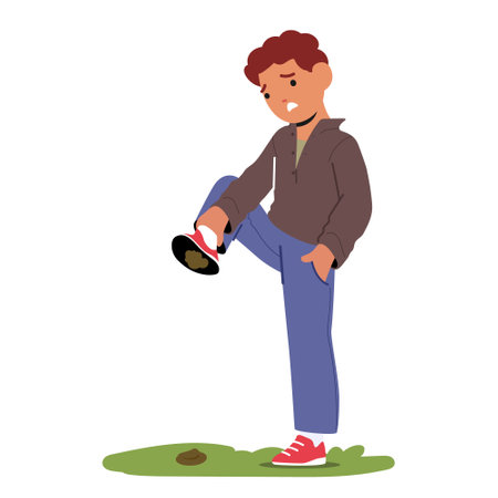 Boy Character Unsuspectingly Stepped Into A Pile Of Poop In The Comedic Mishap, Epitomizing A Classic Kid Failのイラスト素材