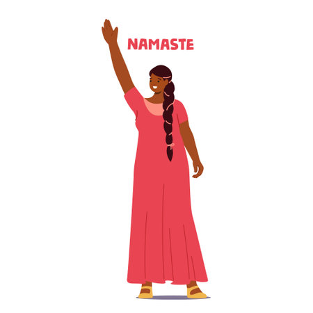 Indian Woman In A Vibrant Saree, Warmly Greets With A Traditional Namaste, Her Hand Waving In A Gesture Of Respectのイラスト素材