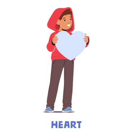 Kid Boy Character Holds A Heart Shape, Exploring Fun Side Of Geometry, Where Shapes Become An Adventure In Learningのイラスト素材