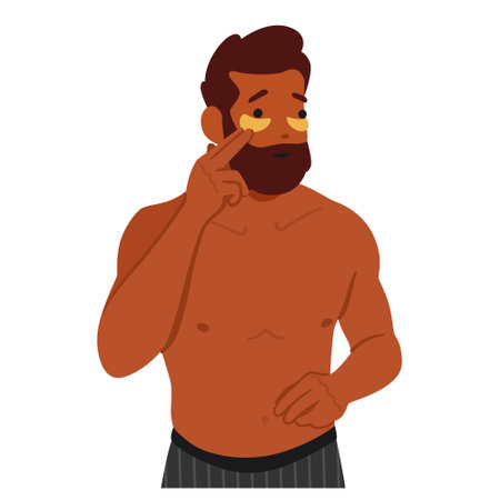Modern Man Character Enhance His Allure By Applying Eye Patches Into Beauty Routine, Reducing Puffiness And Dark Circlesのイラスト素材