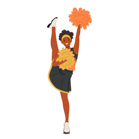 Energetic Black Cheerleader Girl Character In Vibrant Uniform Wields Pompoms With Flair. Spirited Smiles, High Kicksのイラスト素材