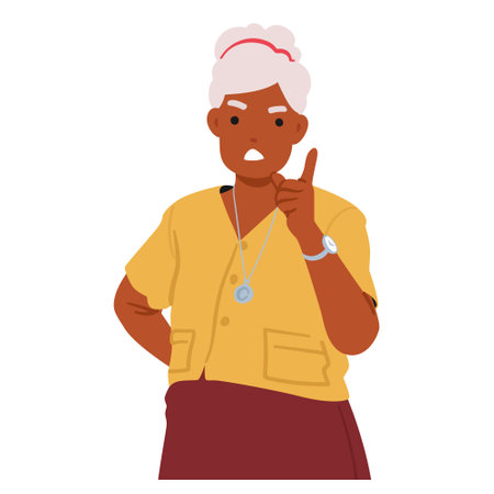 Furious Senior Woman Wags Her Finger Sternly, Eyes Ablaze With Indignation, Expressing Disapproval And Commandingのイラスト素材
