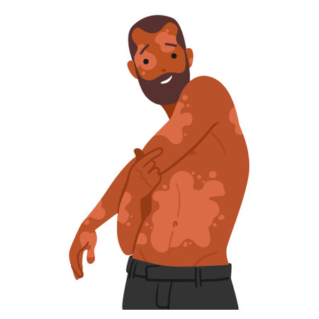 Man Proudly Embraces His Unique Beauty, Confidently Displaying Vitiligo. His Radiant Smile Reflects Self-acceptanceのイラスト素材