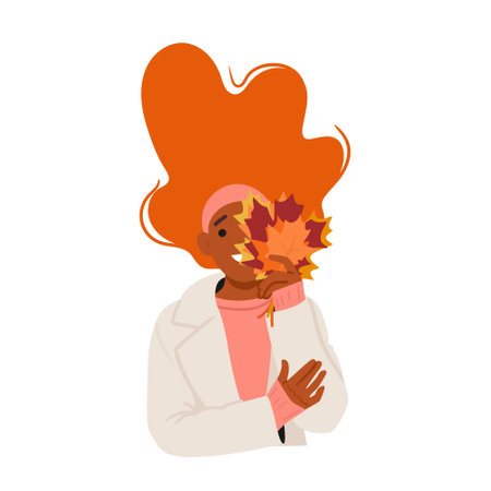 Young Woman Holding Vibrant Autumn Leaves, Embodying The Beauty Of The Season, Cartoon People Vector Illustrationのイラスト素材