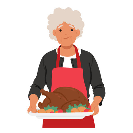 Granny Proudly Holds A Tray With A Freshly Baked Turkey, Emanating Enticing Aromas, Showcasing Her Culinary Prowessのイラスト素材