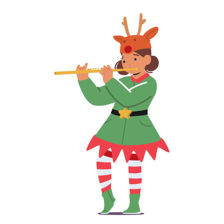 Joyful Little Girl In Festive Christmas Costume of Elf with Reindeer Antlers Plays A Cheerful Tune On The Fluteのイラスト素材