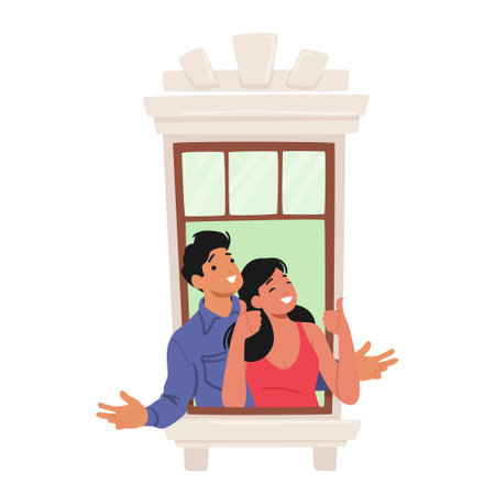 Cheerful Couple Characters Gaze Through The Window, Their Smiles Radiating Warmth And Happiness, Vector Illustrationのイラスト素材