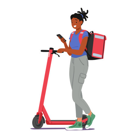 Food Delivery Worker Zips Through The Streets On An Electric Scooter, Swiftly Navigating Traffic While Carrying Mealsのイラスト素材
