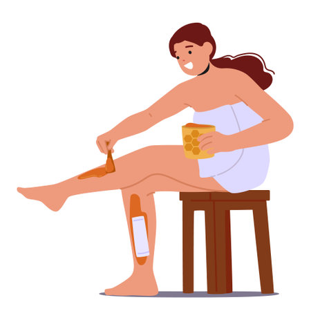 Woman Gracefully Applying Warm Sugar Paste To Her Legs, Delicately Removes Unwanted Hair, Leaving Skin Smoothのイラスト素材