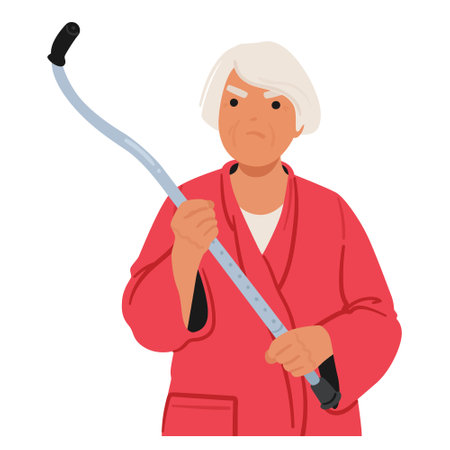 Fierce Senior Woman, Wielding Her Cane Like A Determined Warrior, Eyes Ablaze With Indignation, Demands Respectのイラスト素材