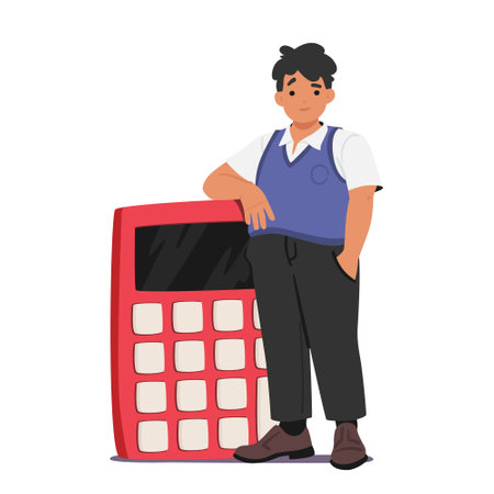 Young Schoolboy Character Diligently Solving Problems With His Oversized Calculator, Showcasing His Commitmentのイラスト素材
