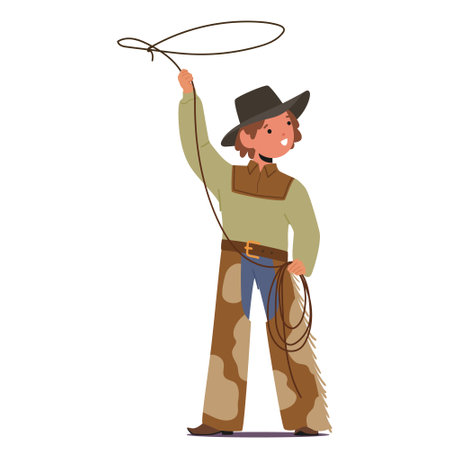 Young Cowboy Character Twirls Rope In A Vibrant Western Ensemble: Fringed Leather Pants, Boots, And A Wide-brimmed Hatのイラスト素材