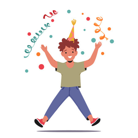 Little Boy Character in Hat Gleefully Jumping, Celebrates His Birthday Party with Fun-filled Activities, And Surprisesのイラスト素材