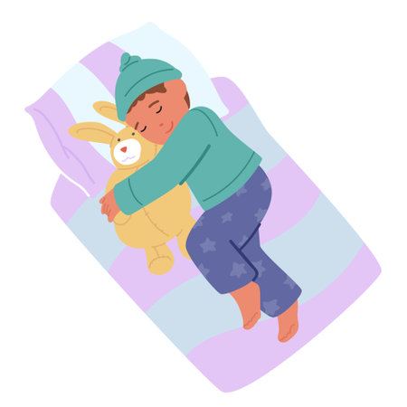 Baby Boy Character Sleeping. In A Cozy Bed, A Cute Little Child Peacefully Sleeps, Hugging Stuffed Animal, Dreamsのイラスト素材