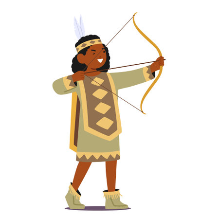 Native American Girl in Traditional Tribal Attire, Adorned With Intricate Beadwork And Feathers, Vector Illustrationのイラスト素材