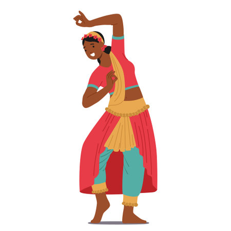Indian Female Dancer in Vibrant Attire Captivates With Rhythmic Expressions, Intricate Hand Gestures Vector Illustrationのイラスト素材