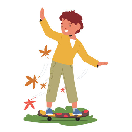 Little Boy With Cute Smile Glides On A Skateboard, Mastering The Art Of Balance And Speed, Cartoon Vector Illustrationのイラスト素材