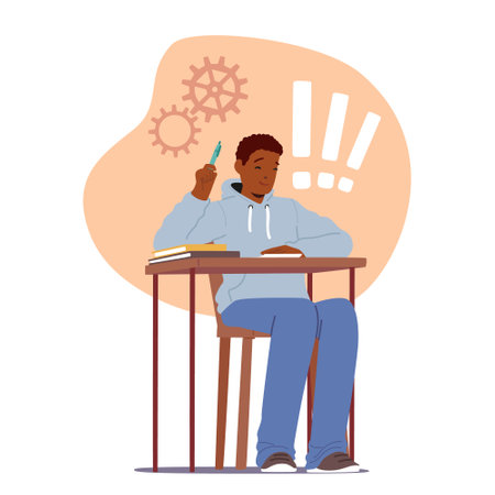 Focused Student Character Sits At A Wooden Desk, Surrounded By Textbooks And Papers, During An Exam, Vector Illustrationのイラスト素材