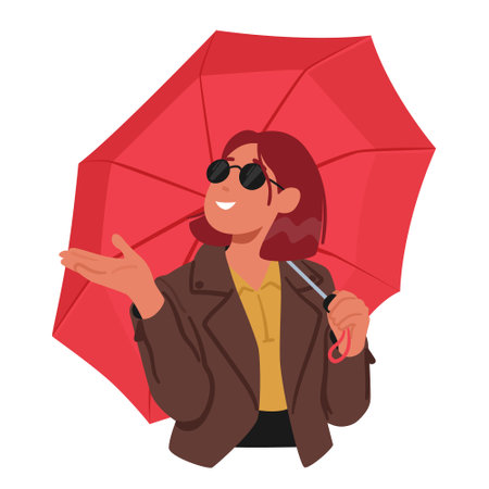 Young Woman Gracefully Holds An Umbrella, Its Red Vibrant Colors Contrasting With The Rainy Day, Vector Illustrationのイラスト素材
