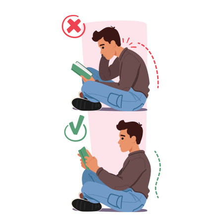 Man Engrossed In A Book Sits On Floor With Proper And Improper Body Postures. Right Pose Involves Sittingのイラスト素材