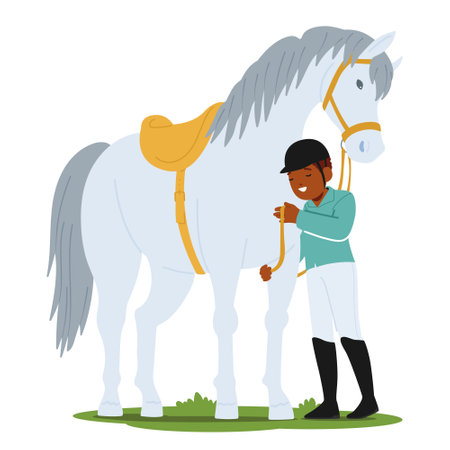 Young Jockey, Adorned In Colorful Racing Gear, Affectionately Tends To His Spirited Horse, Their Bond Evident, Vectorのイラスト素材