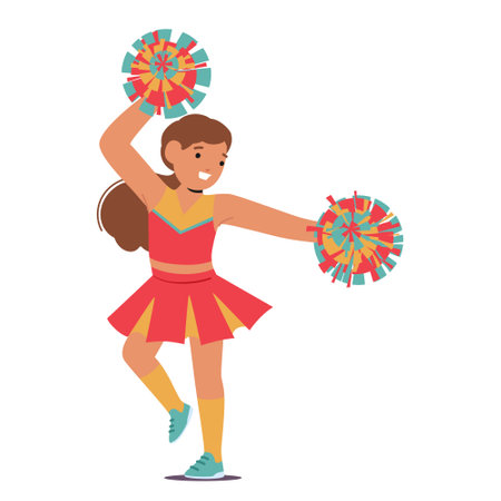 Delightful Cute Cheerleader Girl Character With Radiant Smile, Adorned In A Vibrant Uniform, Gracefully Twirling Pompomsのイラスト素材