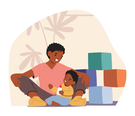 Loving Mother Joyfully Engages With Her Giggling Baby On The Floor, Sharing Precious Moments Of Laughter And Affectionのイラスト素材