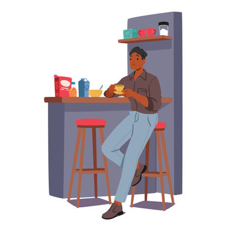 Young Man Immersed In His Daily Routine, Savors A Home-cooked Meal, Enjoys Familiar Flavors, Vector Illustrationのイラスト素材