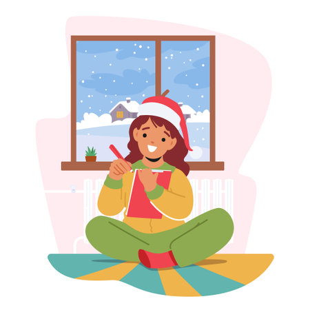 Child Eagerly Writes A Heartfelt Letter To Santa Claus, Expressing Their Wishes And Dreams For Upcoming Holiday Seasonのイラスト素材