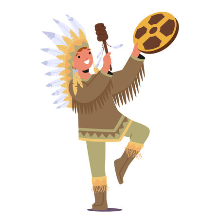 Native American Shaman Kid Character Wears A Vibrant, Fringed Buckskin Outfit With Tribal Symbols, Hold A Tambourineのイラスト素材