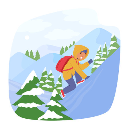Child Boy Character Bundled Up In Winter Gear, And A Bright Smile, Explores Snowy Trails, Climbing On Mountainのイラスト素材