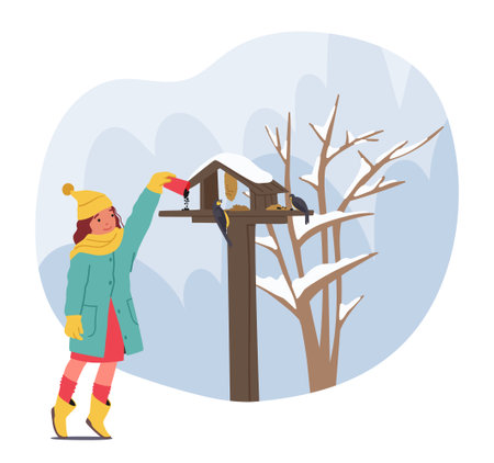 In Winter Hush, A Little Girl In A Cozy Scarf Delights In Feeding Chirping Birds At A Birdhouse, Vector Illustrationのイラスト素材