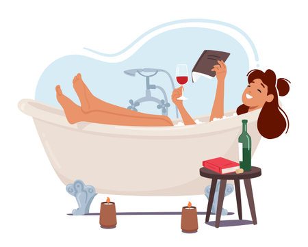 Cute Woman Finds Joy In Reading Books Lying in Tub with a Glass of Red Wine and Burning Candles, As She Exploresのイラスト素材