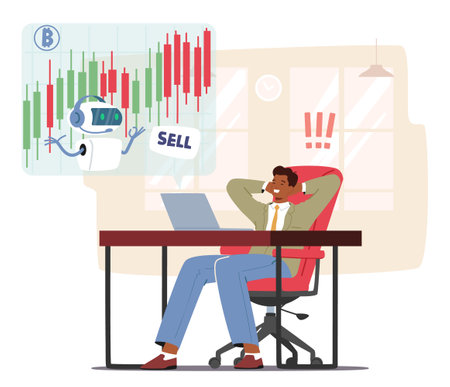 Man Navigates The Complexities Of Trading, Leveraging His Artificial Intelligence Assistant To Analyze Market Trendsのイラスト素材